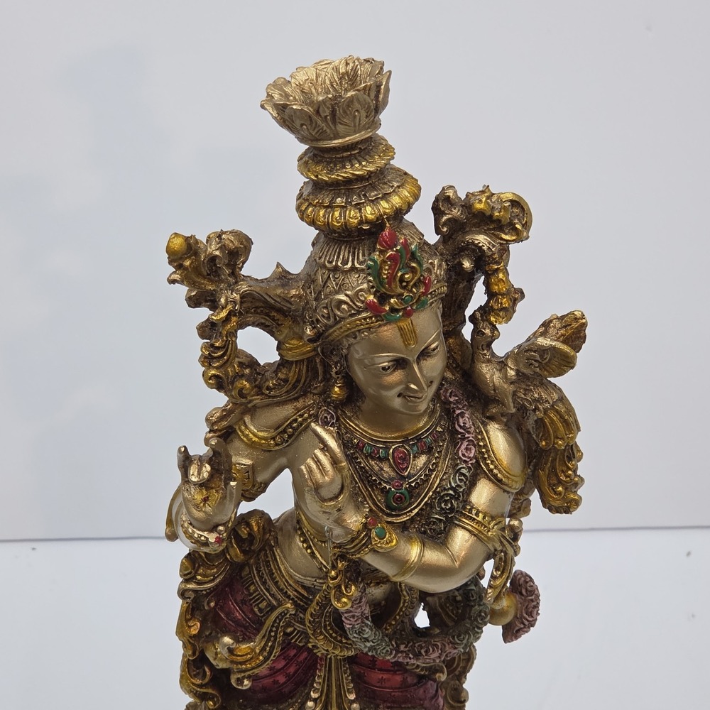 VTG Krishna Statue Hindu Deity Flute Player Gold Finish 15" See Pics Sold AS-IS